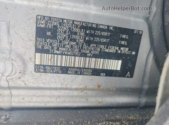2T3MWRFV4KW027952 2019 TOYOTA RAV4 Gray Vista del compartimento del motor