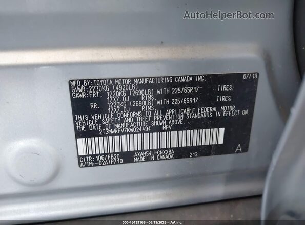 2T3MWRFV7KW024494 2019 TOYOTA RAV4 HYBRID Silver 