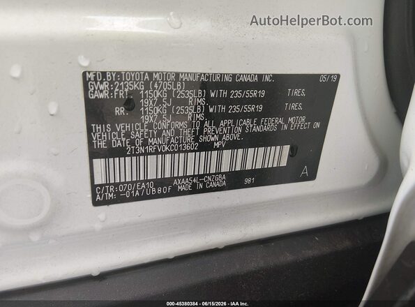 2T3N1RFV0KC013602 2019 TOYOTA RAV4 White Widok komory silnika