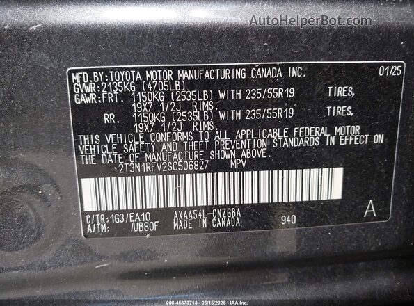 2T3N1RFV2SC506827 2025 TOYOTA RAV4 Gray Вид панелі приладів