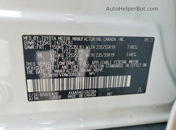 2T3N1RFVXNW308824 2022 TOYOTA RAV4 White Widok naklejki z numerem VIN