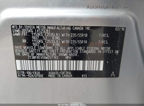 2T3NFREV0GW257162 2016 TOYOTA RAV4 Gray Շարժիչի բաժամունքի տեսք