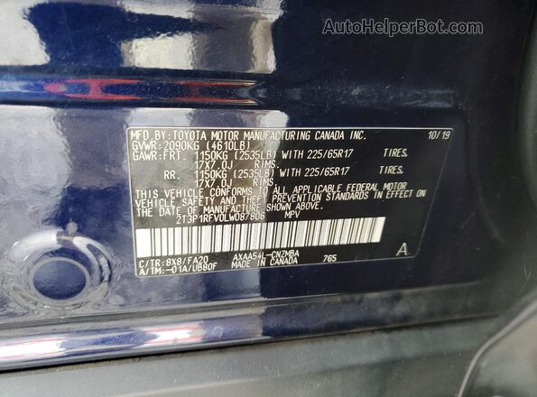 2T3P1RFV0LW087806 2020 TOYOTA RAV4 Blue Вид наклейки з VIN-кодом