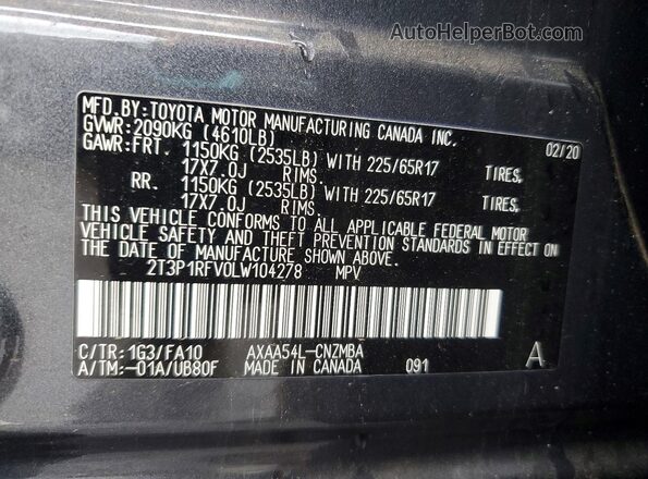 2T3P1RFV0LW104278 2020 TOYOTA RAV4 Gray VIN կոդի պիտակի տեսք