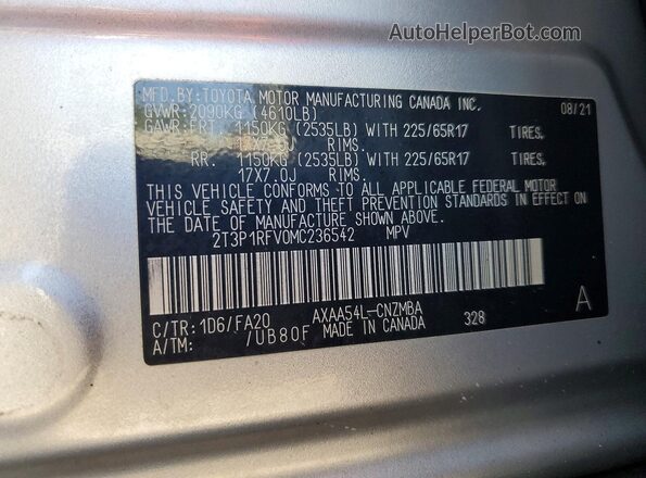 2T3P1RFV0MC236542 2021 TOYOTA RAV4 Silver Вид наклейки з VIN-кодом