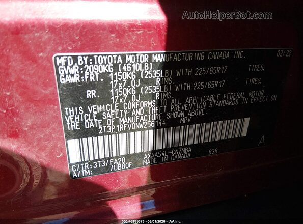 2T3P1RFV0NW256144 2022 TOYOTA RAV4 Red ძრავის განყოფილების ხედი