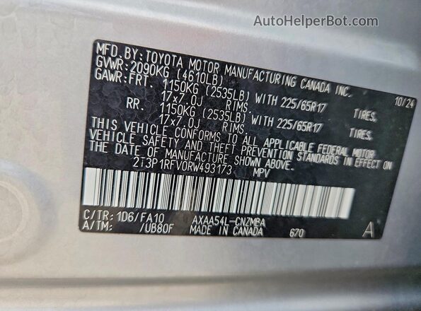 2T3P1RFV0RW493173 2024 TOYOTA RAV4 Silver Вид наклейки з VIN-кодом