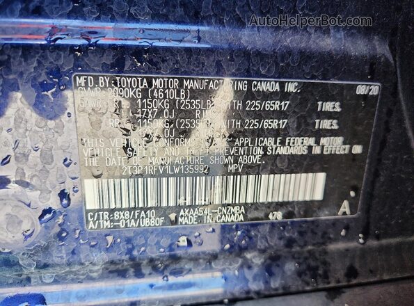 2T3P1RFV1LW135992 2020 TOYOTA RAV4 Blue VIN კოდის სტიკერის ხედი