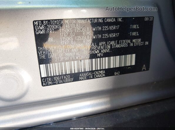 2T3P1RFV1LW136723 2020 TOYOTA RAV4 Silver Вид підкапотного простору