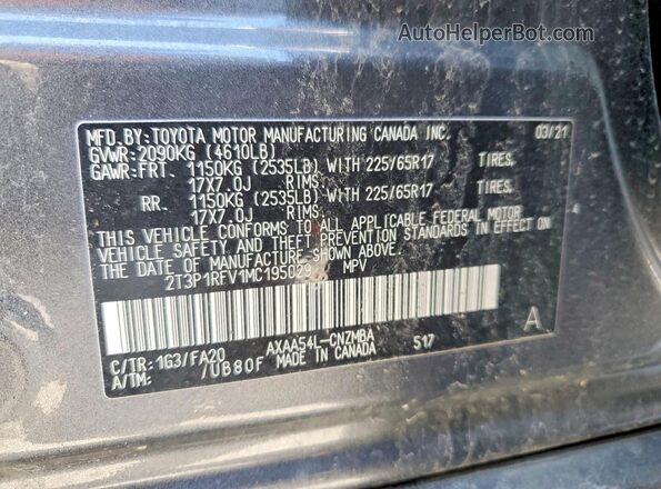2T3P1RFV1MC195029 2021 TOYOTA RAV4 Серый Вид наклейки с VIN-кодом