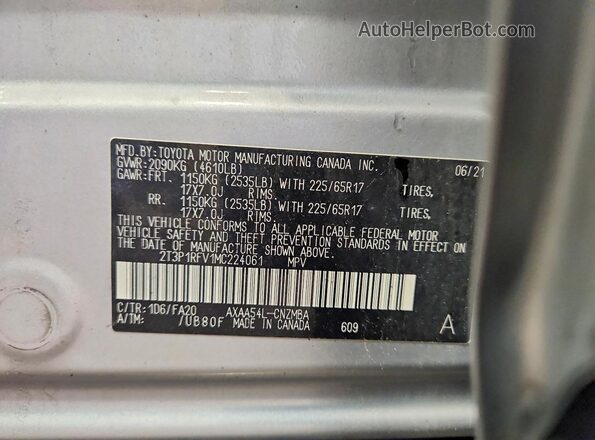 2T3P1RFV1MC224061 2021 TOYOTA RAV4 Серебряный Панорамный вид салона 360°