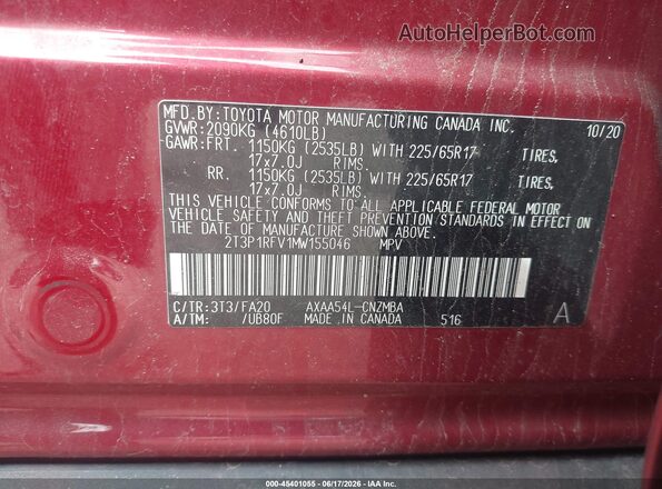 2T3P1RFV1MW155046 2021 TOYOTA RAV4 Maroon Widok komory silnika