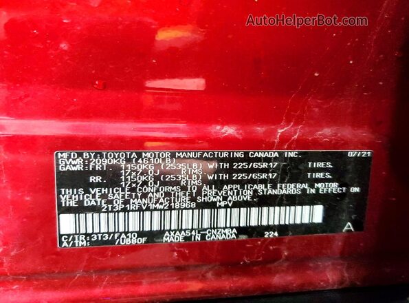 2T3P1RFV1MW218968 2021 TOYOTA RAV4 Red Widok naklejki z numerem VIN