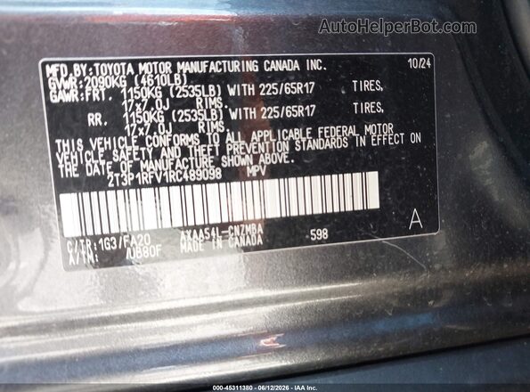 2T3P1RFV1RC489098 2024 TOYOTA RAV4 Gray Շարժիչի բաժամունքի տեսք