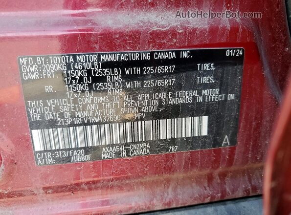 2T3P1RFV1RW432690 2024 TOYOTA RAV4 Red Панорамний вид салону 360°