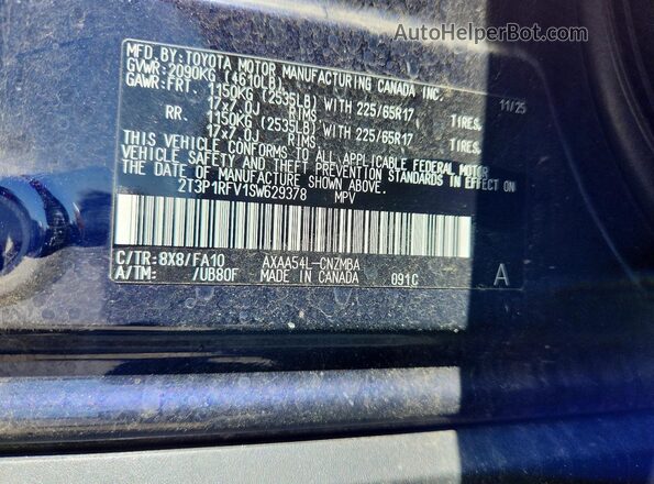 2T3P1RFV1SW629378 2025 TOYOTA RAV4 Blue Widok naklejki z numerem VIN