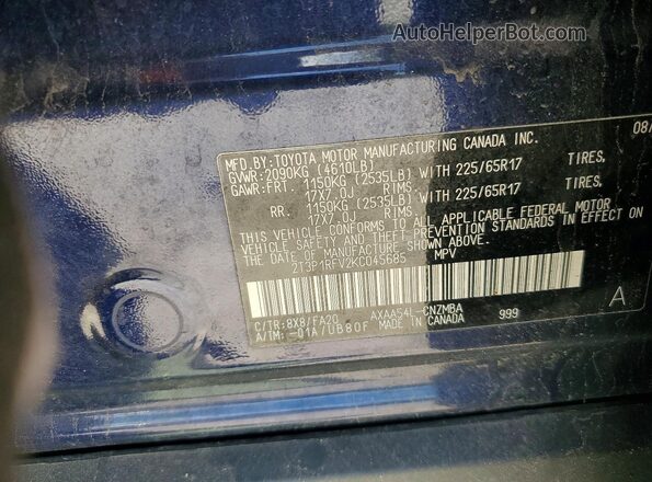 2T3P1RFV2KC045685 2019 TOYOTA RAV4 Blue VIN კოდის სტიკერის ხედი