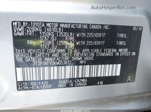2T3P1RFV2KW053817 2019 TOYOTA RAV4 Silver Widok komory silnika