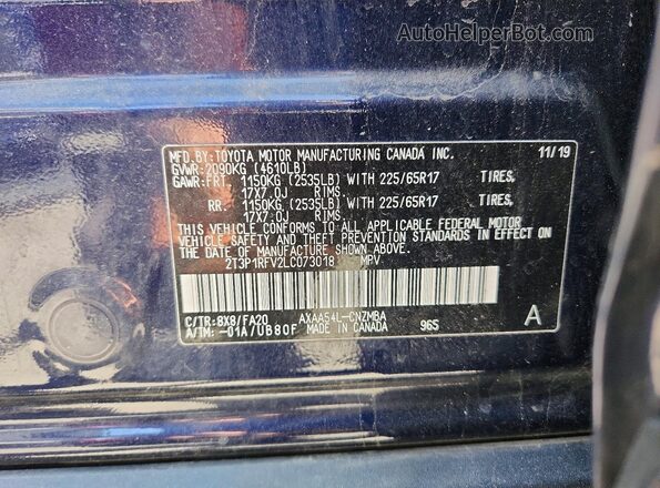 2T3P1RFV2LC073018 2020 TOYOTA RAV4 Blue Вид наклейки з VIN-кодом