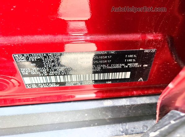 2T3P1RFV2LW129862 2020 TOYOTA RAV4 Red Widok naklejki z numerem VIN