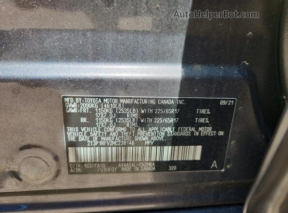 2T3P1RFV2MC238146 2021 TOYOTA RAV4 Gray Вид наклейки з VIN-кодом
