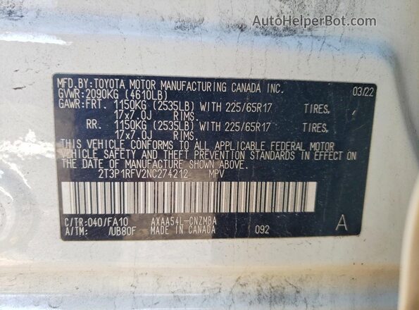 2T3P1RFV2NC274212 2022 TOYOTA RAV4 White 