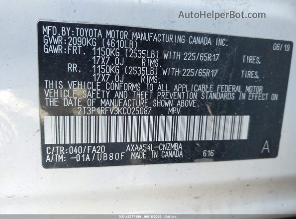 2T3P1RFV3KC025087 2019 TOYOTA RAV4 White Շարժիչի բաժամունքի տեսք