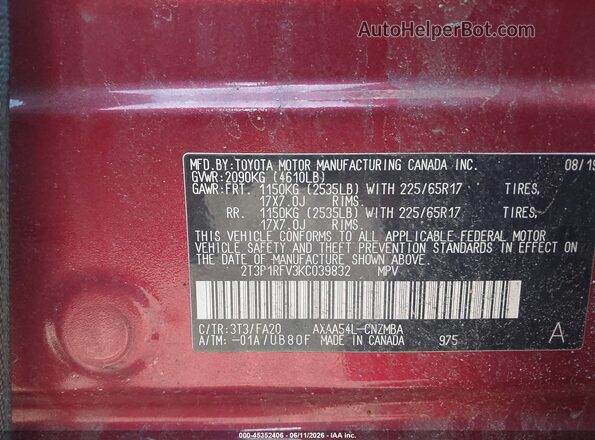 2T3P1RFV3KC039832 2019 TOYOTA RAV4 Red Widok z tyłu