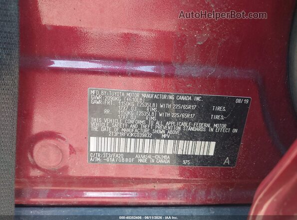 2T3P1RFV3KC039832 2019 TOYOTA RAV4 Red Widok komory silnika