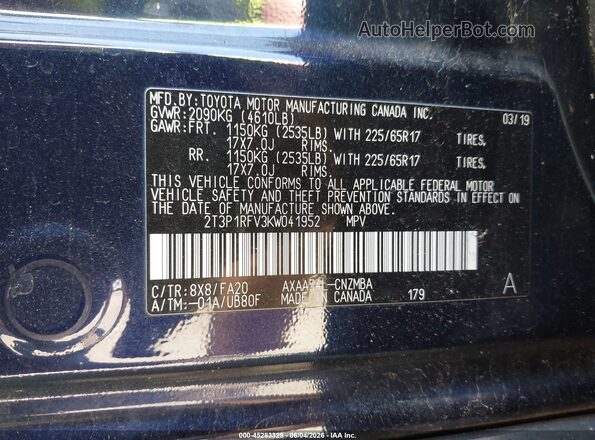 2T3P1RFV3KW041952 2019 TOYOTA RAV4 Dark Blue Вид подкапотного пространства