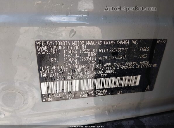 2T3P1RFV3NW274315 2022 TOYOTA RAV4 Gray Շարժիչի բաժամունքի տեսք
