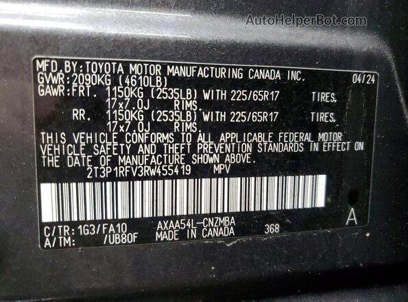 2T3P1RFV3RW455419 2024 TOYOTA RAV4 Gray VIN կոդի պիտակի տեսք