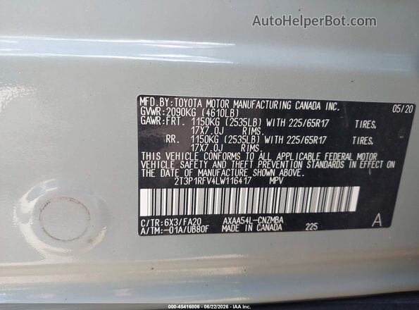 2T3P1RFV4LW116417 2020 TOYOTA RAV4 Pewter ძრავის განყოფილების ხედი