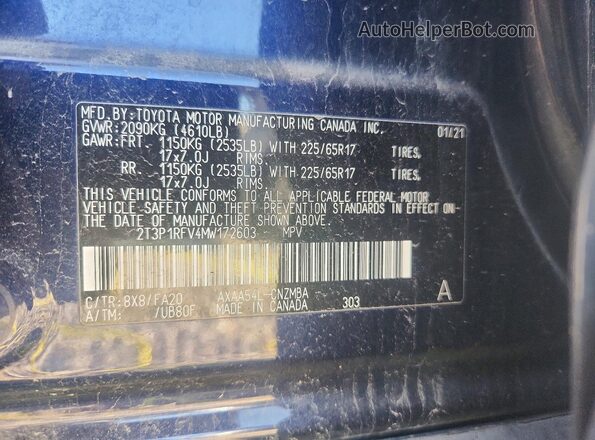 2T3P1RFV4MW172603 2021 TOYOTA RAV4 Blue Vista del compartimento del motor