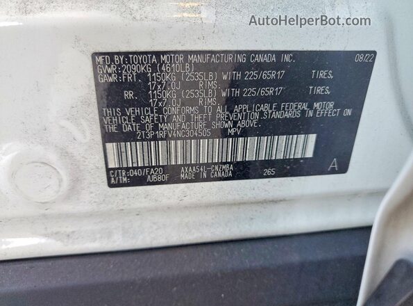 2T3P1RFV4NC304505 2022 TOYOTA RAV4 White 