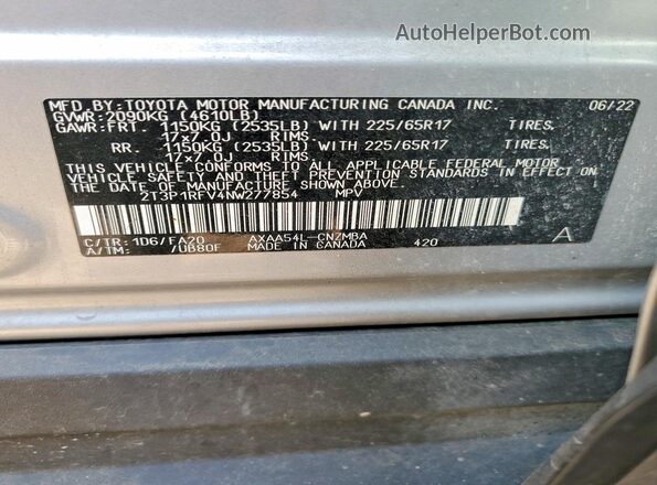 2T3P1RFV4NW277854 2022 TOYOTA RAV4 Серый 