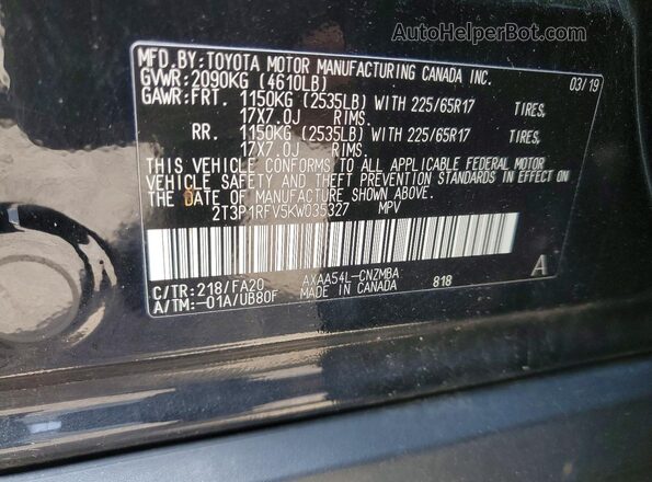 2T3P1RFV5KW035327 2019 TOYOTA RAV4 Black Вид наклейки з VIN-кодом