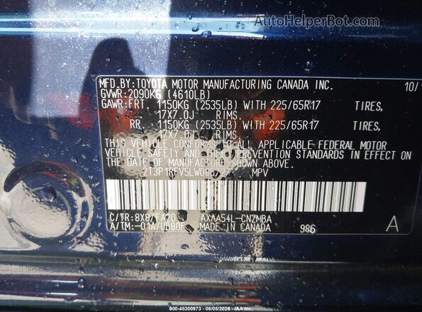 2T3P1RFV5LW085727 2020 TOYOTA RAV4 Blue Շարժիչի բաժամունքի տեսք