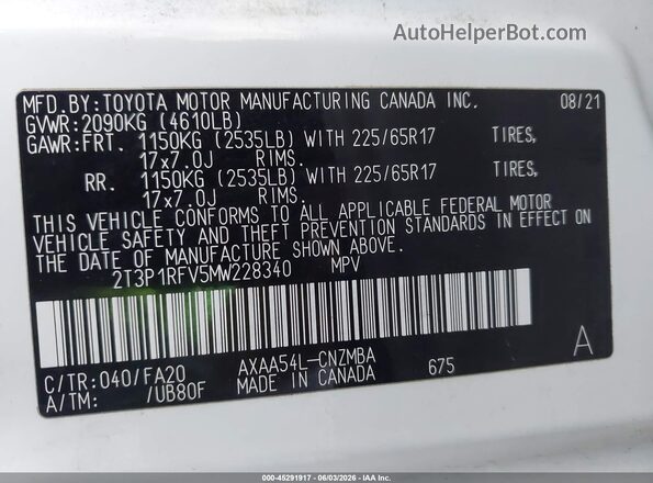2T3P1RFV5MW228340 2021 TOYOTA RAV4 Белый 