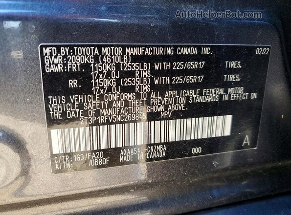 2T3P1RFV5NC269845 2022 TOYOTA RAV4 Charcoal Widok naklejki z numerem VIN