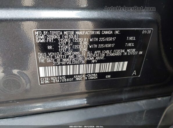 2T3P1RFV6LC092736 2020 TOYOTA RAV4 Gray Շարժիչի բաժամունքի տեսք