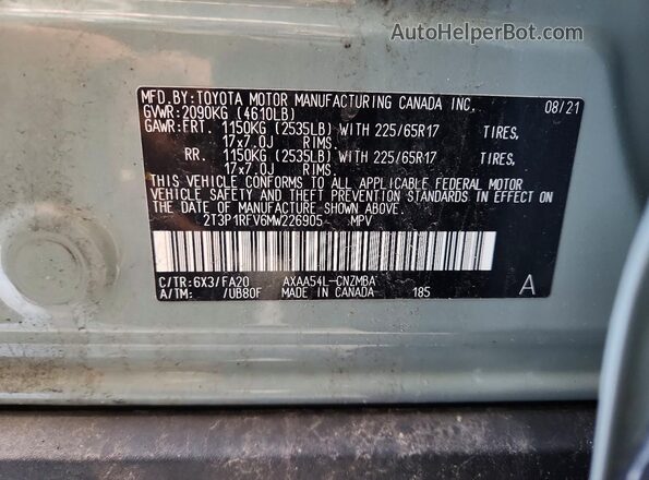 2T3P1RFV6MW226905 2021 TOYOTA RAV4 Gray 