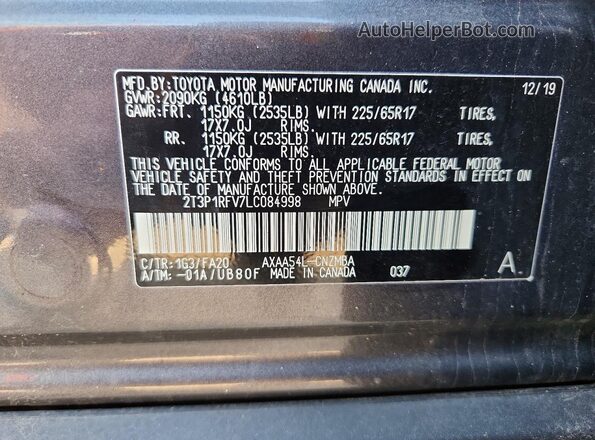2T3P1RFV7LC084998 2020 TOYOTA RAV4 Gray Вид підкапотного простору