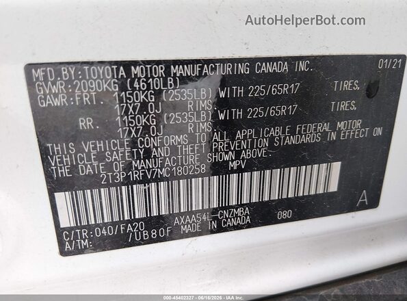 2T3P1RFV7MC180258 2021 TOYOTA RAV4 White Շարժիչի բաժամունքի տեսք