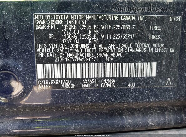 2T3P1RFV7MW234012 2021 TOYOTA RAV4 Blue Вид підкапотного простору