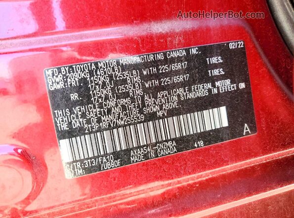 2T3P1RFV7NW255539 2022 TOYOTA RAV4 Maroon 360 interior view