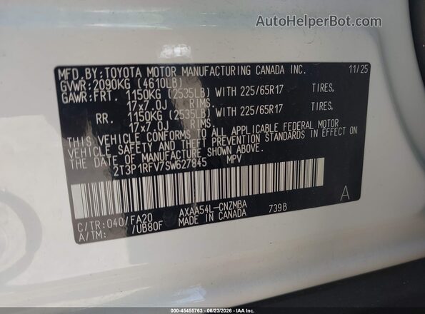 2T3P1RFV7SW627845 2025 TOYOTA RAV4 Белый Вид подкапотного пространства