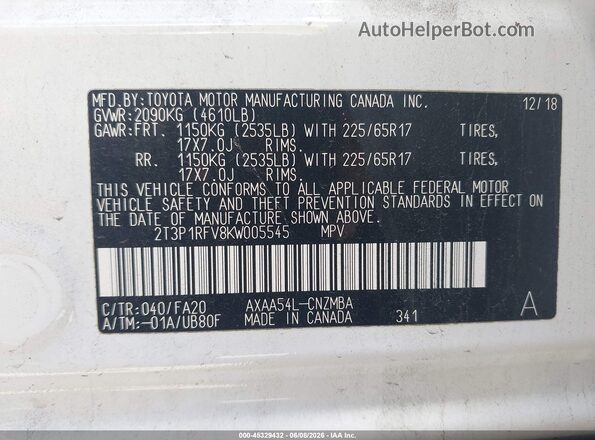 2T3P1RFV8KW005545 2019 TOYOTA RAV4 White Engine compartment view