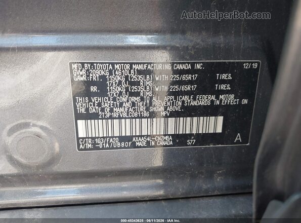 2T3P1RFV8LC081186 2020 TOYOTA RAV4 Gray Vista del compartimento del motor