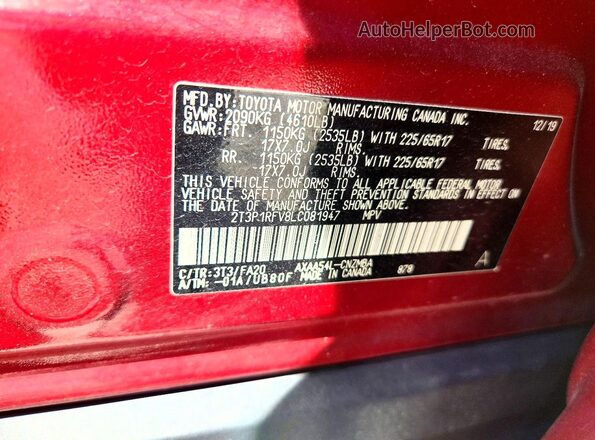 2T3P1RFV8LC081947 2020 TOYOTA RAV4 Красный Панорамный вид салона 360°